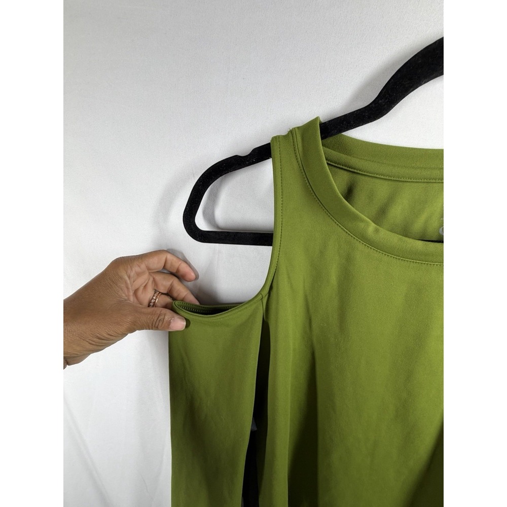 NY&C Green Cold Shoulder Long Sleeve Top Faux Leather Trim Size L Athleisure - Picture 3 of 8